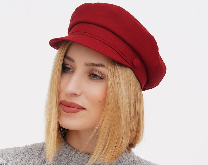 Linen Newsboy Cap for Women – Burgundy Baker Boy Hat with Breton Brim | Lightweight Summer Gift