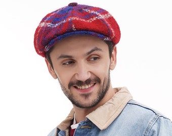 Newsboy Hat for Men – Red and Blue Wool 8-Panel Cap | Classic Vintage Style | Handmade Men's Newsboy Hat | Red and Blue Cap