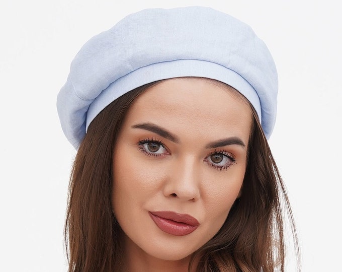 Light Blue Linen Summer Beret – Gift for Her