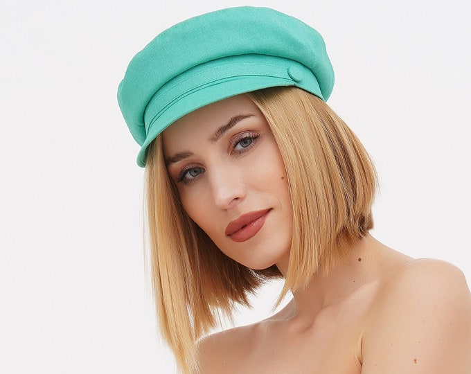 Green linen baker boy cap for women – summer breton hat