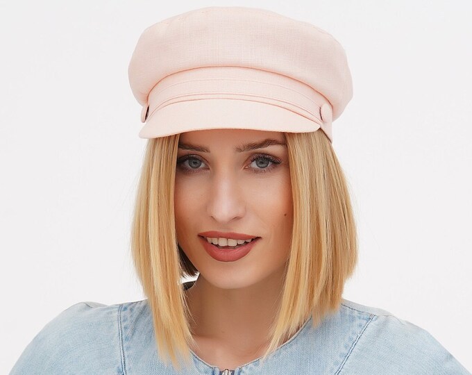 Peach Linen Newsboy Cap – Summer Breton Hat for Women