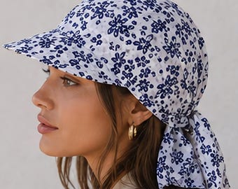 Women's Cotton Seersucker Bandana Cap — Blue Floral Beach Visor Scarf Sun Hat
