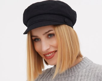 Black Linen Newsboy Cap for Women – Lightweight Breton Fisherman Hat