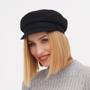 Black Linen Newsboy Cap Women – Breton Fisherman Hat Summer | Lightweight Baker Boy Style Cap for Her