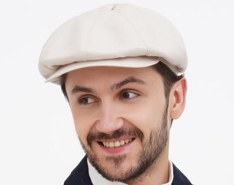 Ivory linen newsboy cap for men – summer baker boy hat with straight visor