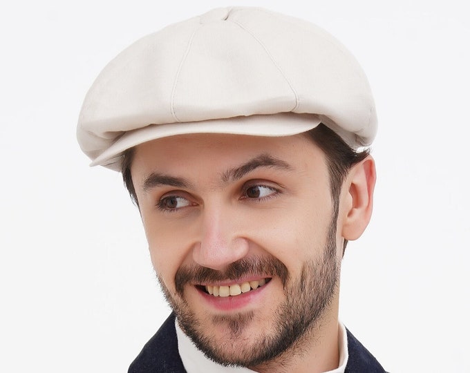 Ivory linen newsboy cap for men – summer baker boy hat with straight visor