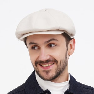 Casquette gavroche été homme en lin froissé ivoire casquette baker boy visière droite