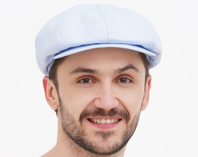 Light Blue Linen Newsboy Cap for Men – Lightweight Summer Baker Boy Flat Cap – Wrinkled Fabric 8 Panel Style