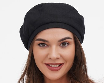 Sommer Baskenmütze Damen Leinen Hut französische Mode schwarz