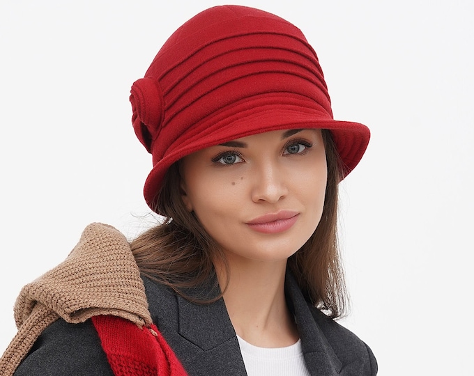 Red 'Beatrice' Wool Cloche Hat - Vintage Women's Style, Gatsby-Inspired Elegance, Chic Winter Fashion Accessory