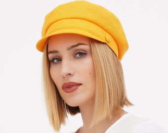 Yellow Linen Newsboy Cap for Women – Summer Breton Hat Gift