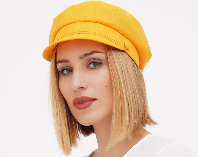 Yellow Linen Newsboy Cap for Women – Summer Breton Hat Gift