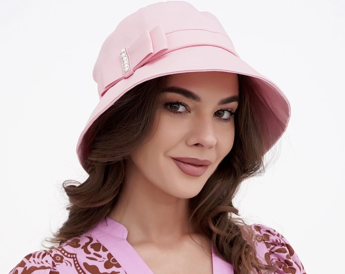 Pink Summer Bucket Hat – Linen Cotton Cloche Style for Women