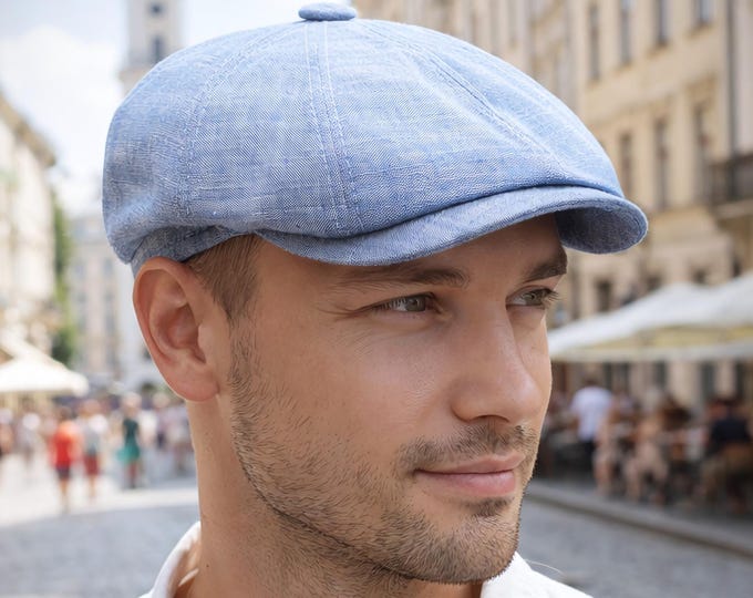 Handmade Cornflower Blue Linen Newsboy Cap for Men — Blue Baker Boy Hat for Summer