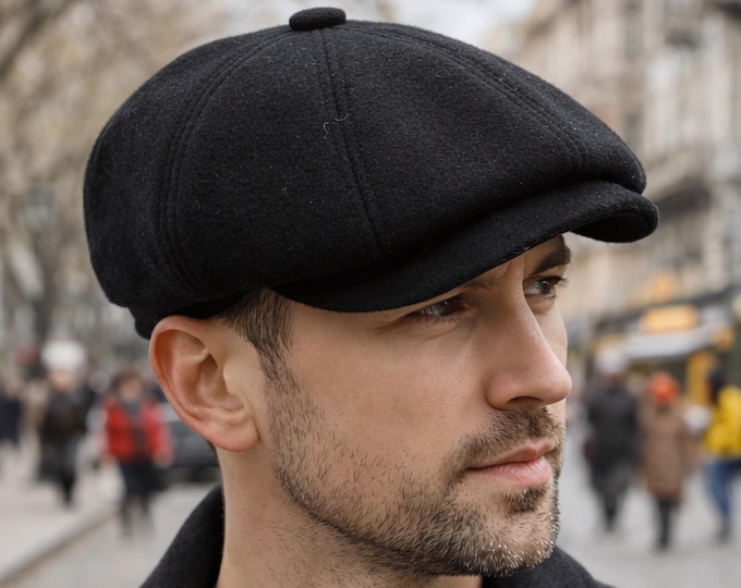 Men's Black Cashmere Wool Newsboy Cap — Handmade Baker Boy Hat from Ukraine