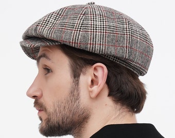 Gorra de repartidor de periódicos a cuadros grises hecha a mano: gorra Baker Boy de tweed de ocho paneles
