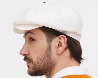 White Linen Cotton Newsboy Cap for Men – Lightweight 8 Panel Summer Flat Cap