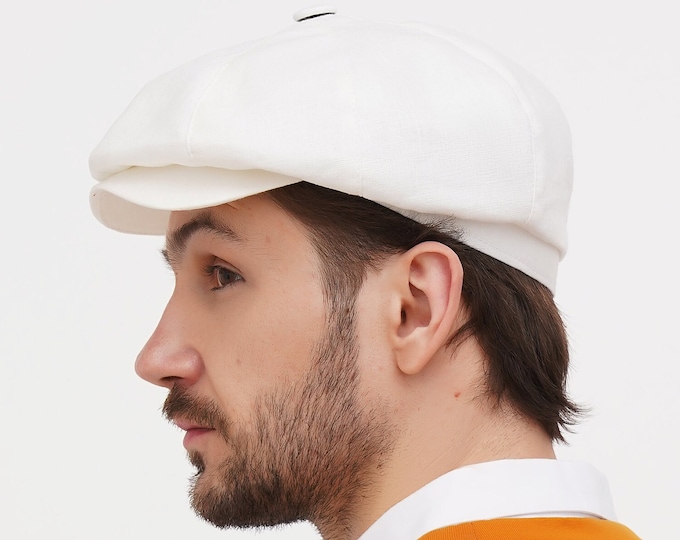 White Linen Cotton Newsboy Cap for Men – Lightweight 8 Panel Summer Flat Cap