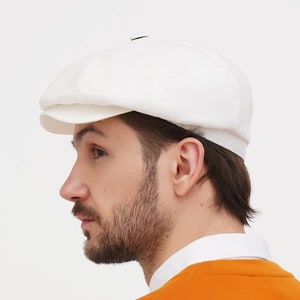 White Linen Cotton Newsboy Cap: Lightweight Summer Baker Boy Hat