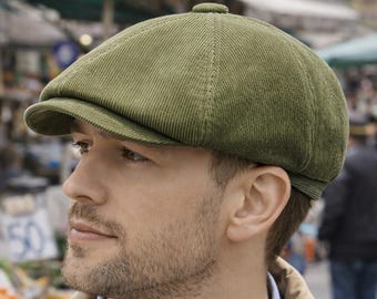 Men's Olive Velvet Newsboy Cap — Handmade Baker Boy Hat from Ukraine