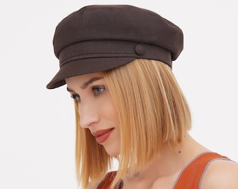 Brown Linen Newsboy Cap for Women – Summer Breton Fisherman Hat