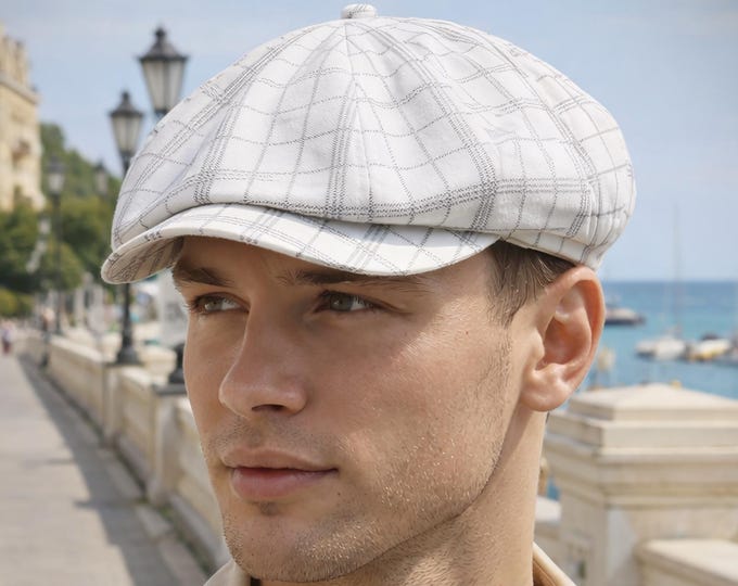 Handmade Linen Cotton Newsboy Cap for Men — Light Plaid Baker Boy Hat for Summer