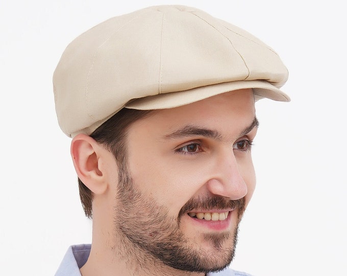 Beige Linen Cotton Newsboy Cap for Men – Lightweight Summer 8 Panel Flat Cap