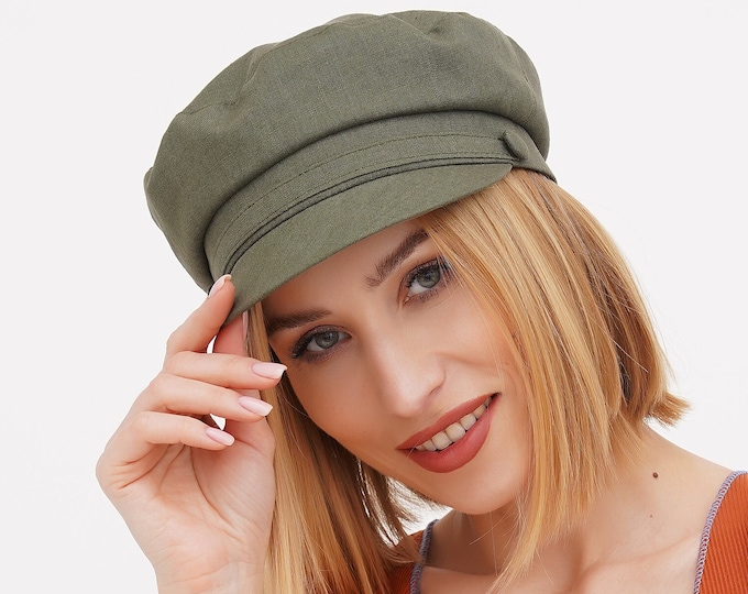Women's linen summer cap in khaki — fisherman baker boy style