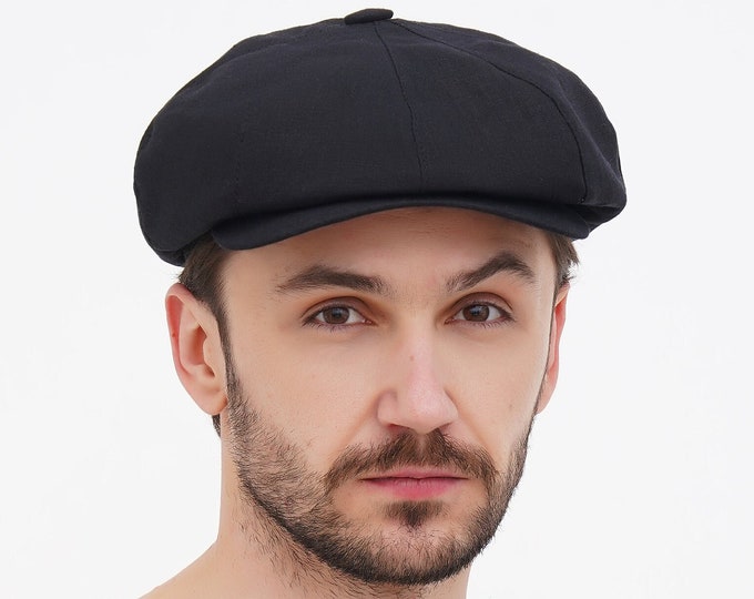 Black Linen Cotton Newsboy Cap for Men – Lightweight Summer Flat Cap – Breathable Baker Boy Hat – Gift Idea