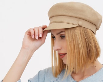 Summer women newsboy cap breton linen fisherman baker boy hat sand color