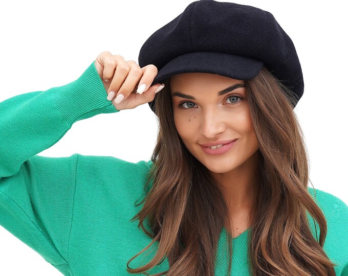 Woman's Blue Wool Newsboy Hat - 8 Panel Baker Boy Paperboy Cap, Elegant Top Accessory in Classic Blue