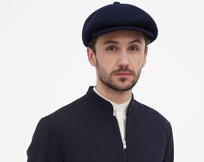 Newsboy Hat for Men – Dark Blue Wool Cap | Classic Baker Boy Style | Vintage Men's Wool Hat with Straight Brim | Handmade Blue Newsboy Cap