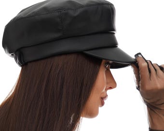 Black Leather Breton Cap - Handmade French Captain Hat for Women | Authentic Marine Style Sailor Cap