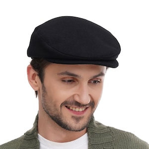Handmade Black Wool Flat Cap: Classic Baker Boy Newsboy Hat