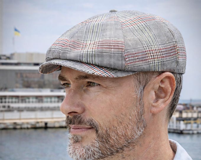 Handmade Light Gray Plaid Linen Cotton Newsboy Cap for Men — Glen Check Baker Boy Hat for Summer