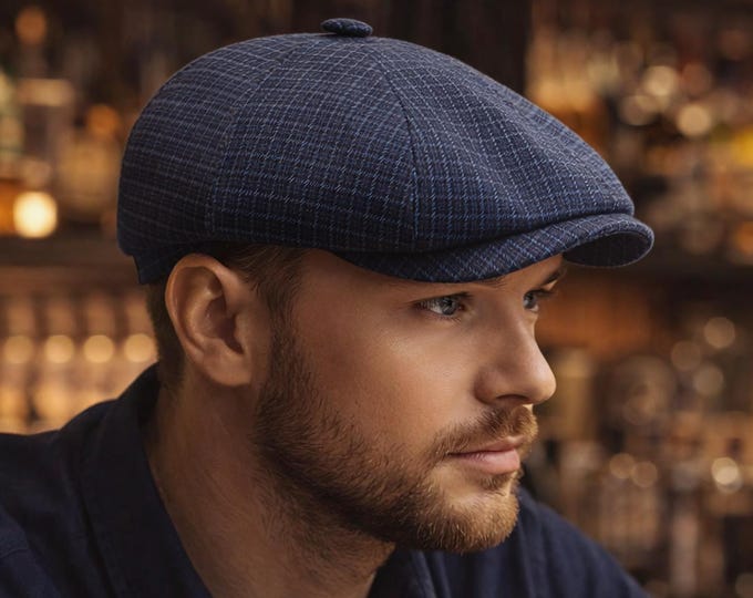 Handmade Navy Blue Glen Plaid Cotton Newsboy Cap for Men — Check Baker Boy Hat for Spring Summer