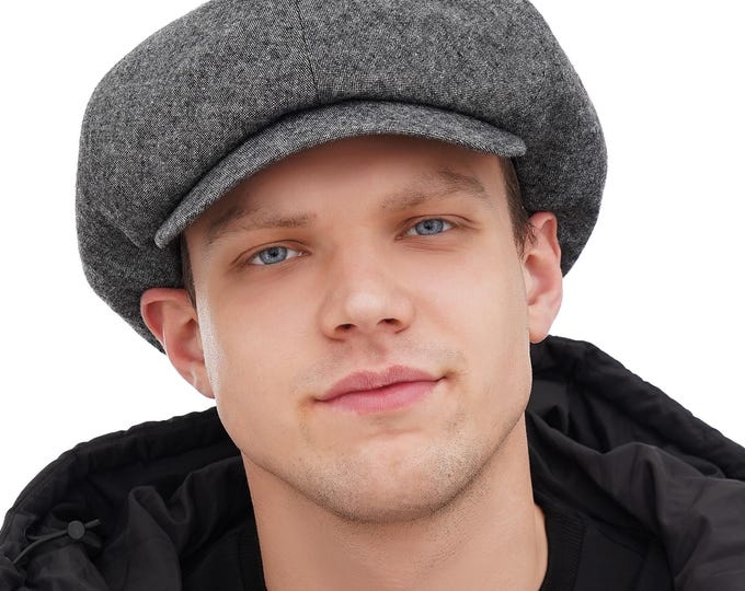 Grey Tweed Newsboy Cap - Gavroche Style Baker Boy Hat for Men