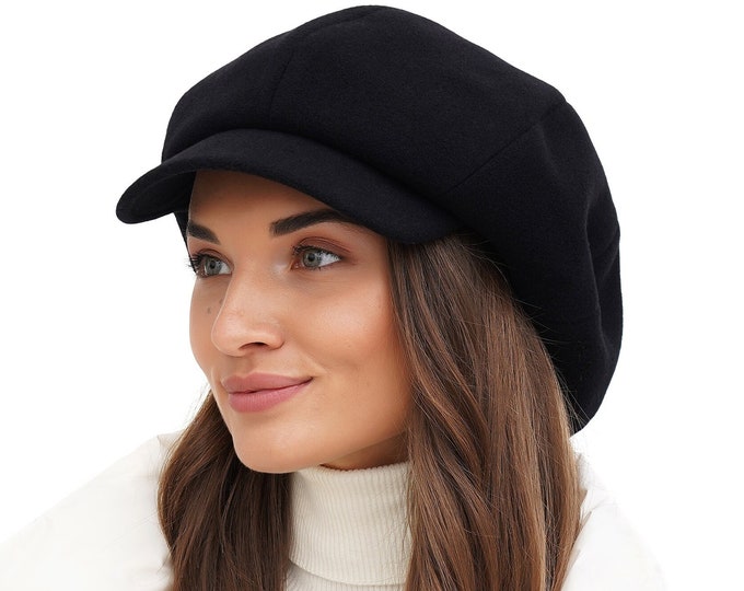 Women's Black Newsboy Hat - 8 Panel Top Baker Boy Paperboy Cap in Classic Black