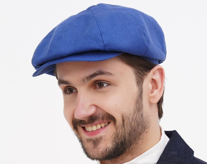 Blue Linen Newsboy Cap for Men – Summer 8 Panel Flat Cap