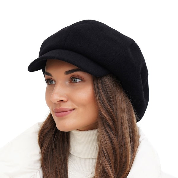 Women's Black Newsboy Hat - 8 Panel Top Baker Boy Paperboy Cap in Classic Black