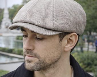 Beige linnenmix krantenverkoperspet Handgemaakte Slouchy Baker Boy-hoed
