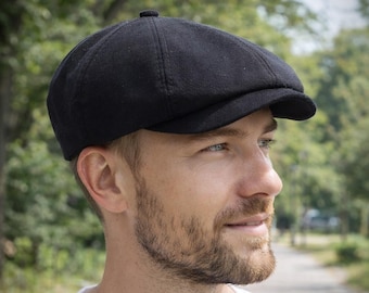 Handmade Black Linen Newsboy Cap for Men — Lightweight Baker Boy Hat for Summer