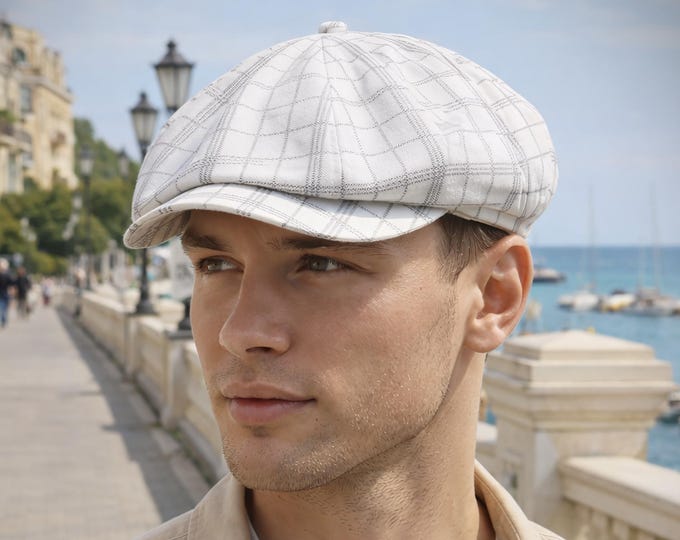 Handmade Linen Cotton Newsboy Cap for Men — Light Plaid Baker Boy Hat for Summer