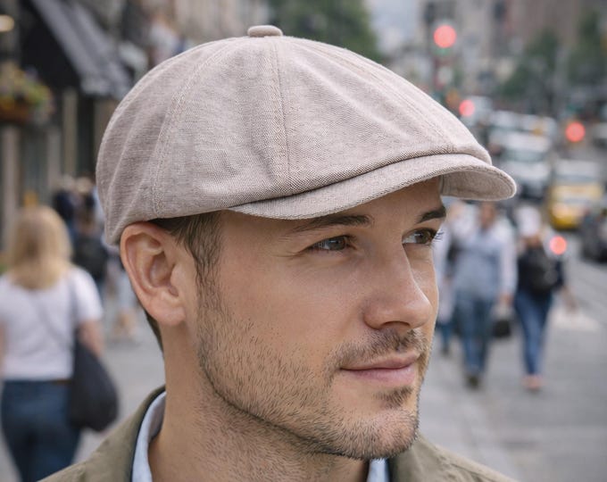 Handmade Cream Linen Cotton Newsboy Cap for Men — Natural Baker Boy Hat for Summer
