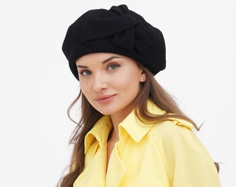 Black Wool Beret with Flower - Handmade French Style Winter Hat for Women | Classic Fashion Accessory