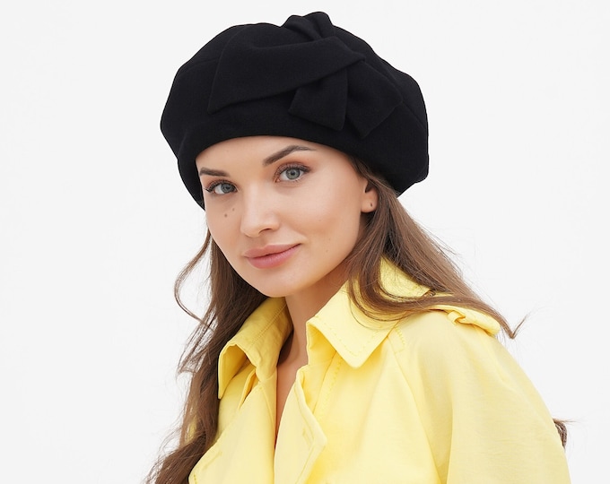 Women's French Wool Beret with Flower - Available in Black & Near-Black Dark Blue, Elegant Winter Fashion Accessory