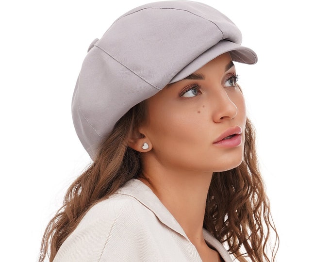 Women's Grey Cotton Newsboy Hat - 8 Panel Top Baker Boy Paperboy Cap, Stylish and Versatile