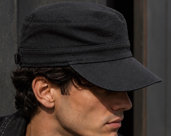 Black Cotton Military Cap — Adjustable Canvas Cadet Hat