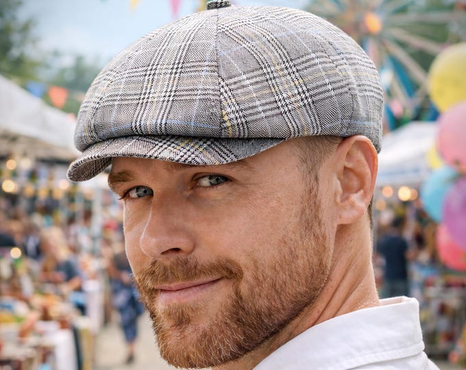 Handmade Light Gray Check Linen Cotton Newsboy Cap for Men — Windowpane Baker Boy Hat for Summer