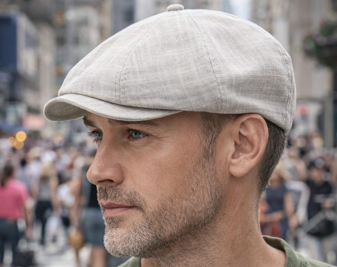 Handmade Natural Linen Pinstripe Newsboy Cap for Men — Striped Baker Boy Hat for Summer